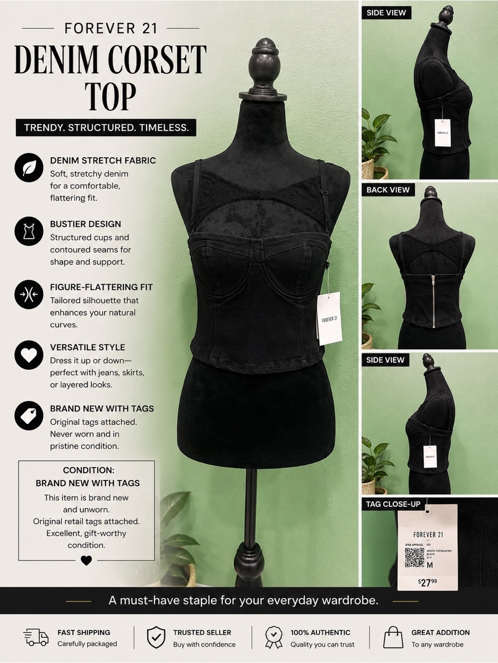 NWT - Forever 21 Black Denim Corset Bustier Top | Y2K Going Out Top